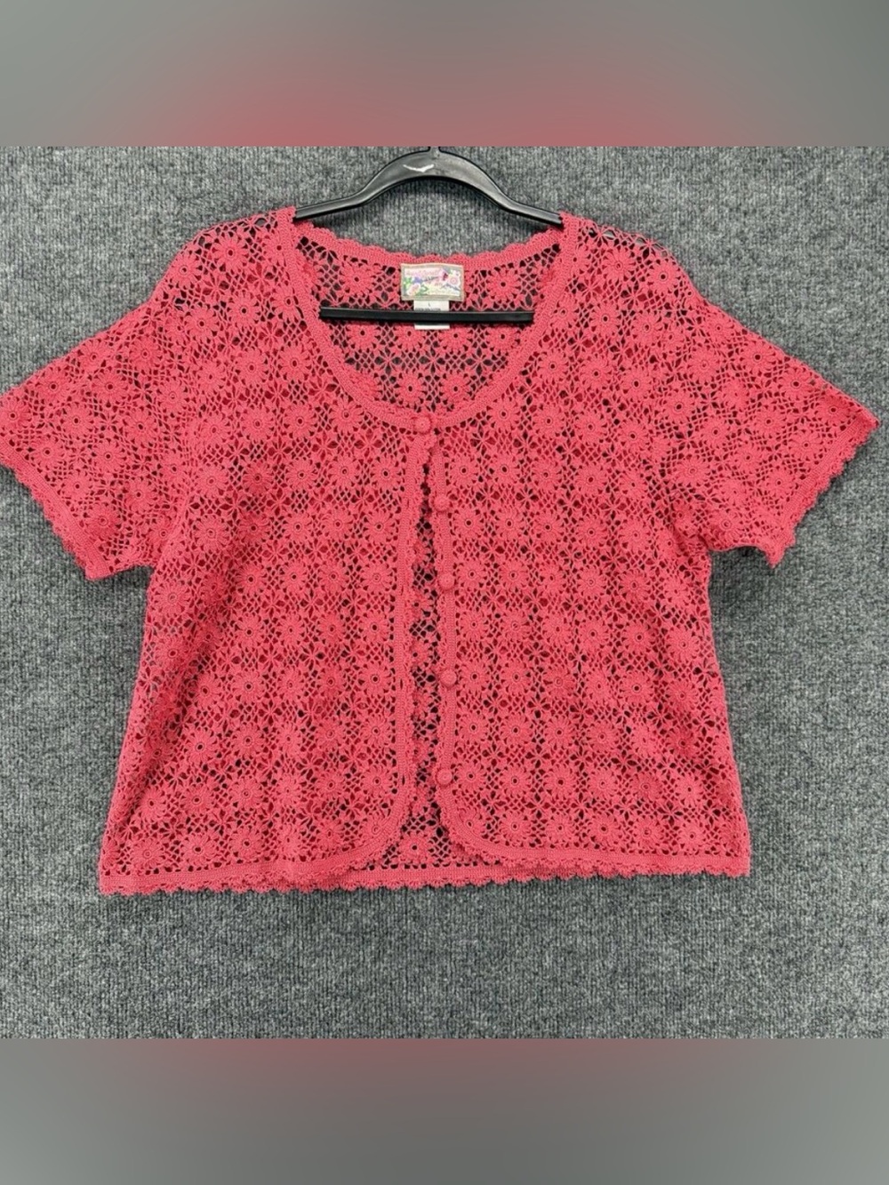 April Cornell Coral Crochet Cardigan Womens L Button Up Boho Modern Prarie
